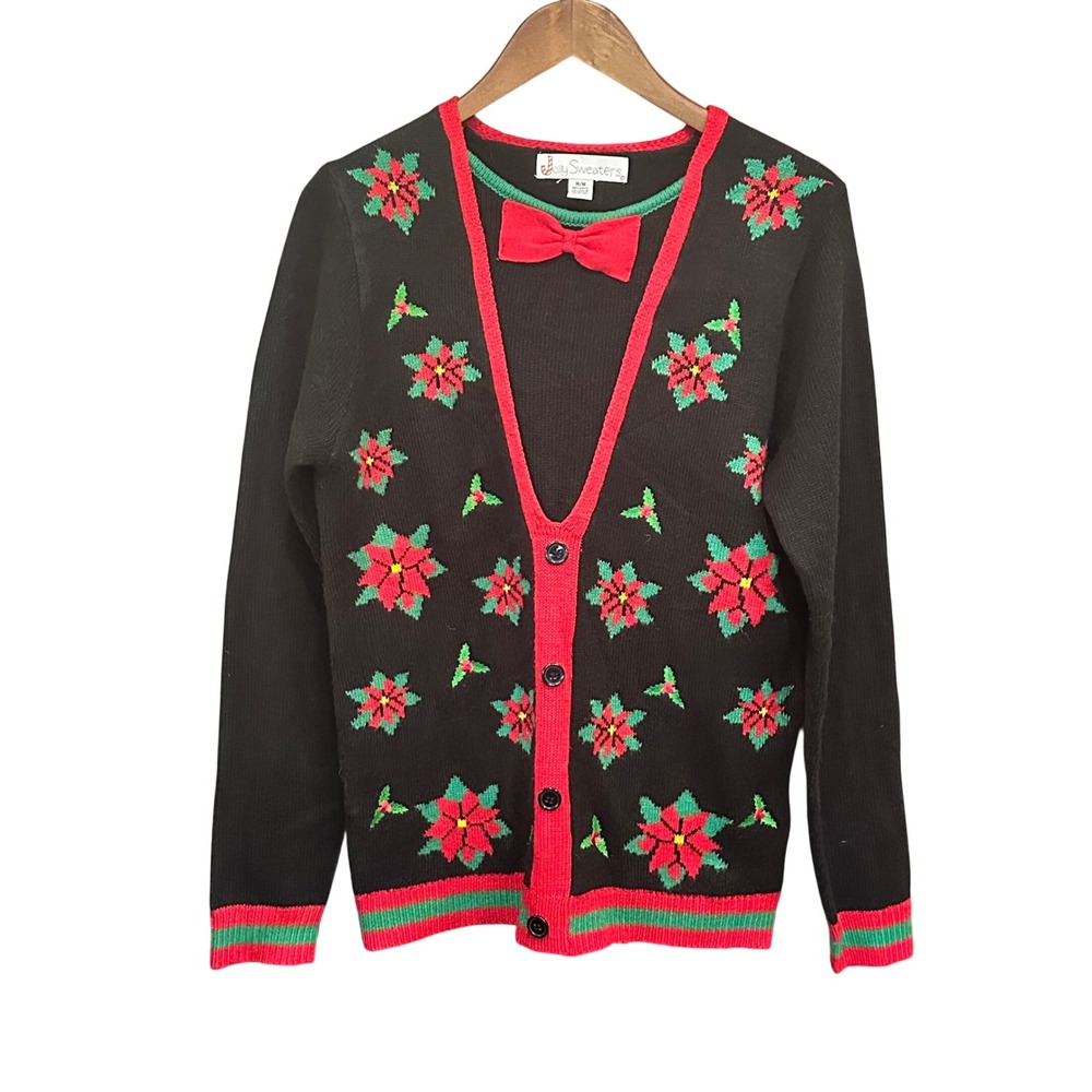 Jolly Sweaters Mens Med Black Poinsettia Ugly Christmas Cardigan Bow Tie Festive